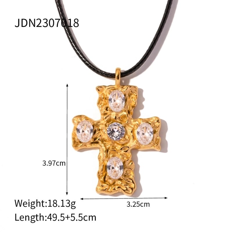 Minimalist Classic Style Cross 304 Stainless Steel Natural Stone Rhinestones Zircon 18K Gold Plated Pendant Necklace