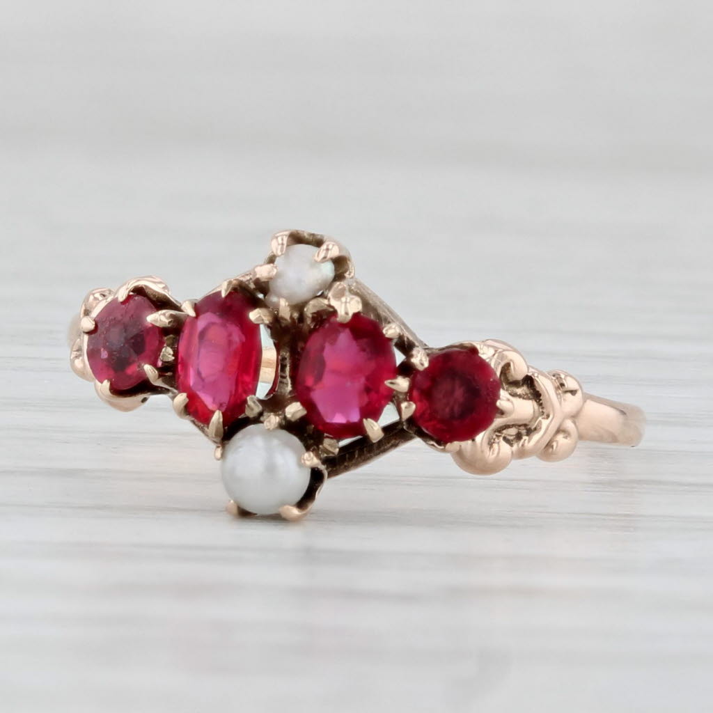 Victorian Antique Ring 8k Rose Gold Pearl Simulated Pearls Glass Size 7