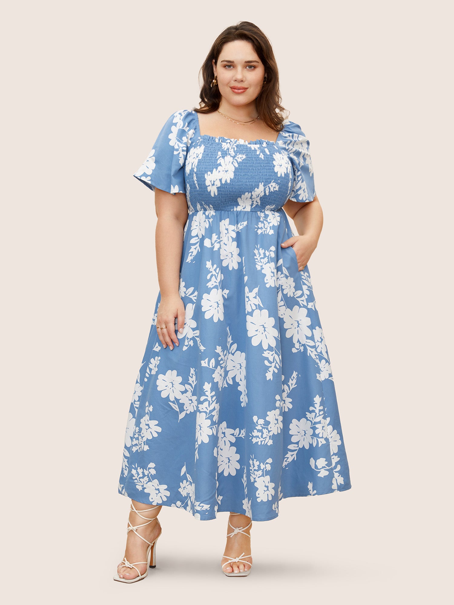 Silhouette Floral Print Shirred Square Neck Dress