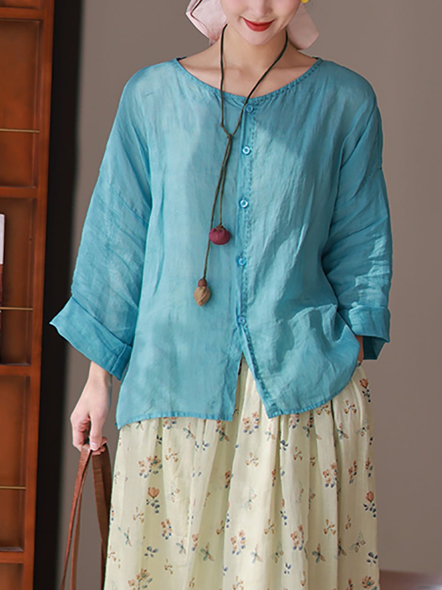 Women Summer Artsy Pure Color O-Neck 100%Ramie Shirt