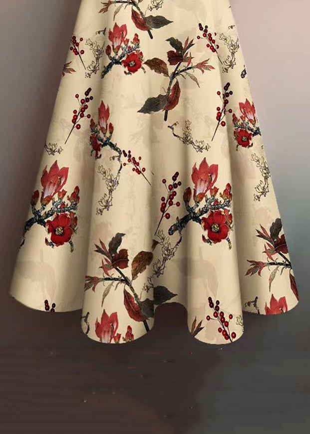 Elegant Khaki Print Elastic Waist Cotton Skirt Summer