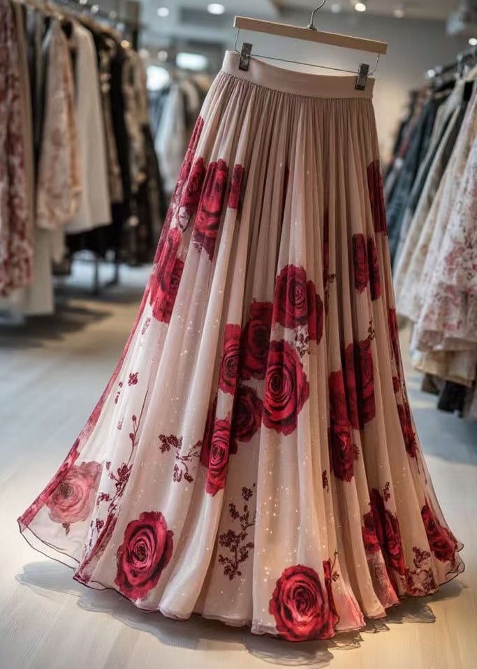 New Pink Print Wrinkled Chiffon Skirt Summer