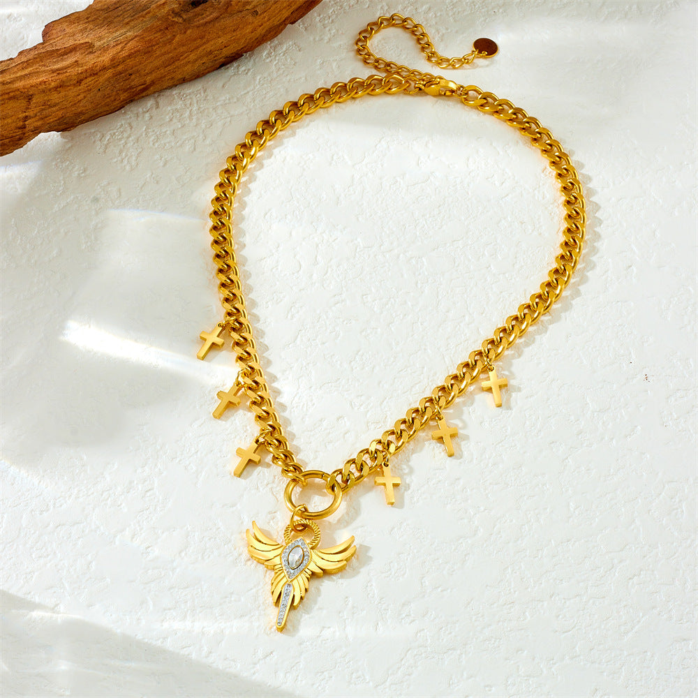 Neutral Style Stainless Steel Thick Chain Necklace Star Diamond Wing Sun Pendant Sweater Chain