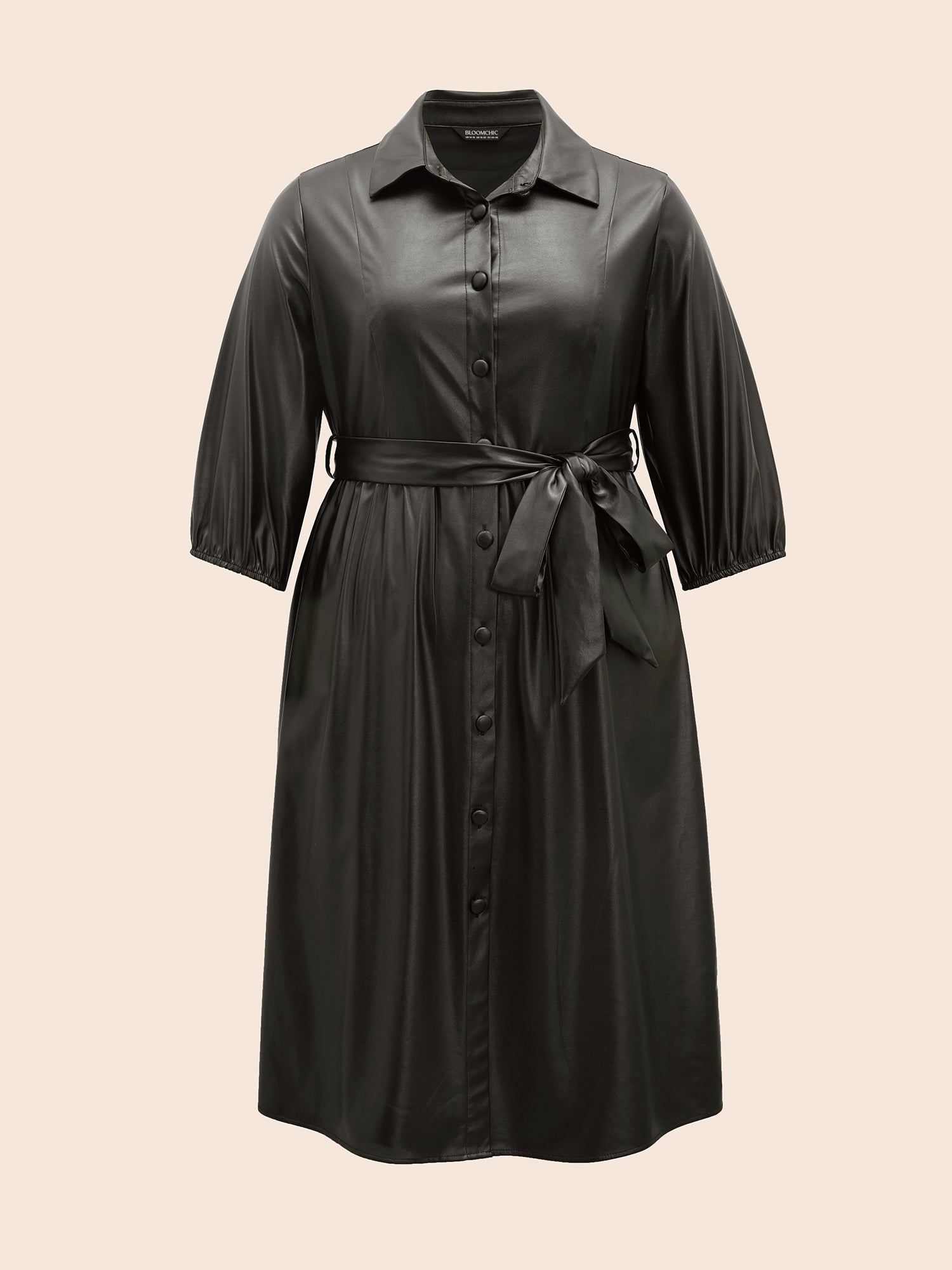 Shirt Collar PU Leather Belted Dress