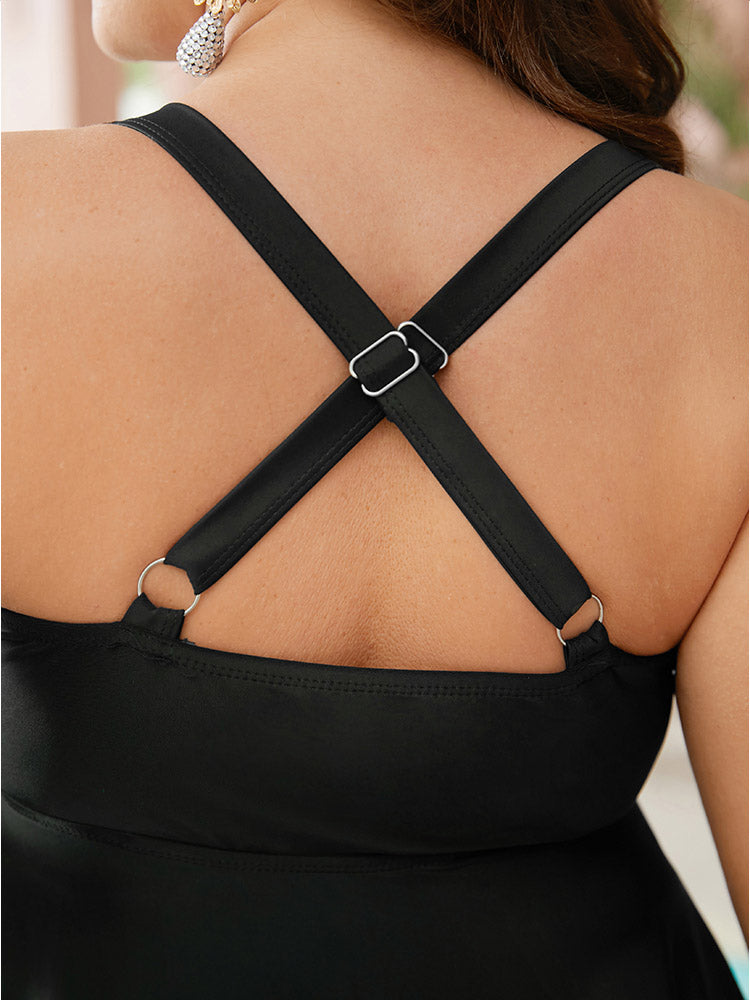 Colorblock Contrast Crossover Detail Ruffle Hem Tankini Top