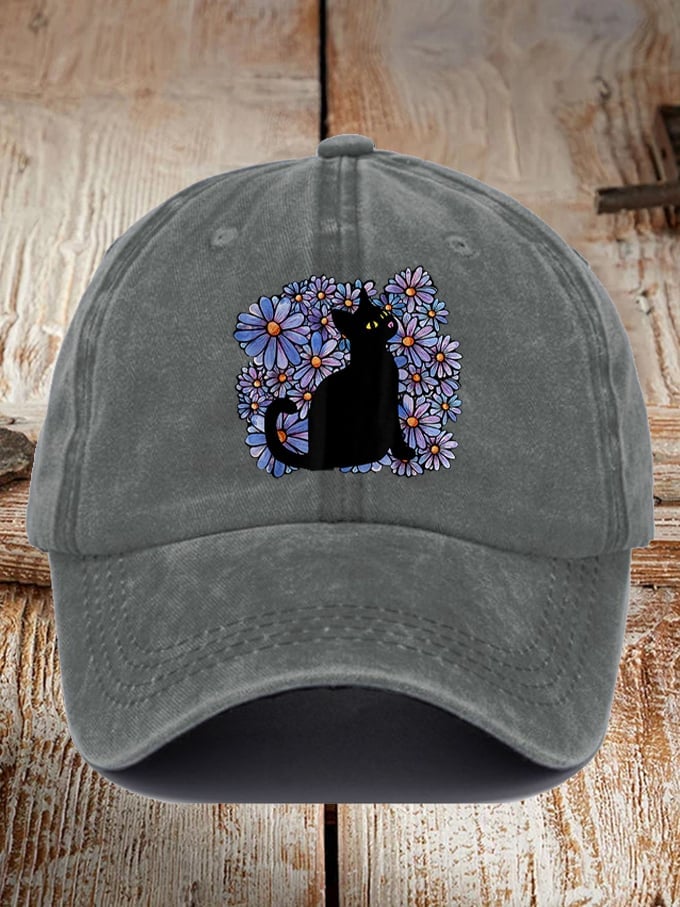 Unisex Floral Black Cat Alzheimer's Awareness Printed Hat