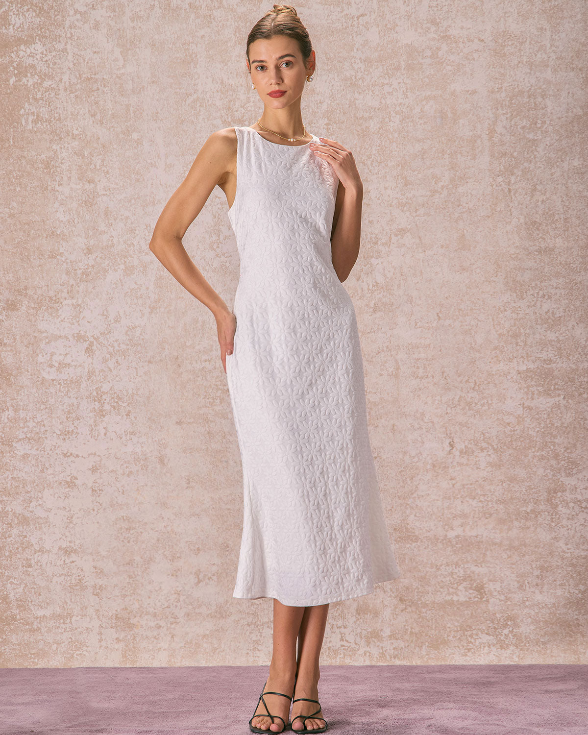 The White Round Neck Floral Jacquard Sleeveless Midi Dress