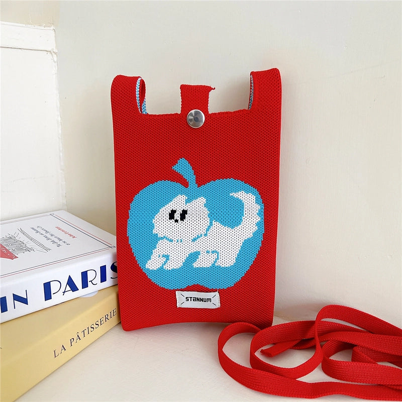 Women's Small Knit Cartoon Cute Bucket Lock Clasp Phone Wallets