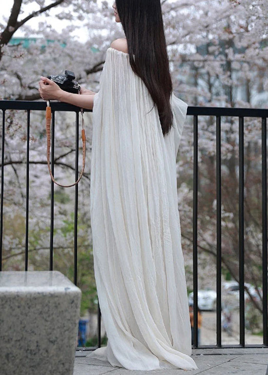 Elegant White Slash Neck Wrinkled Cotton Maxi Dress Sleeveless