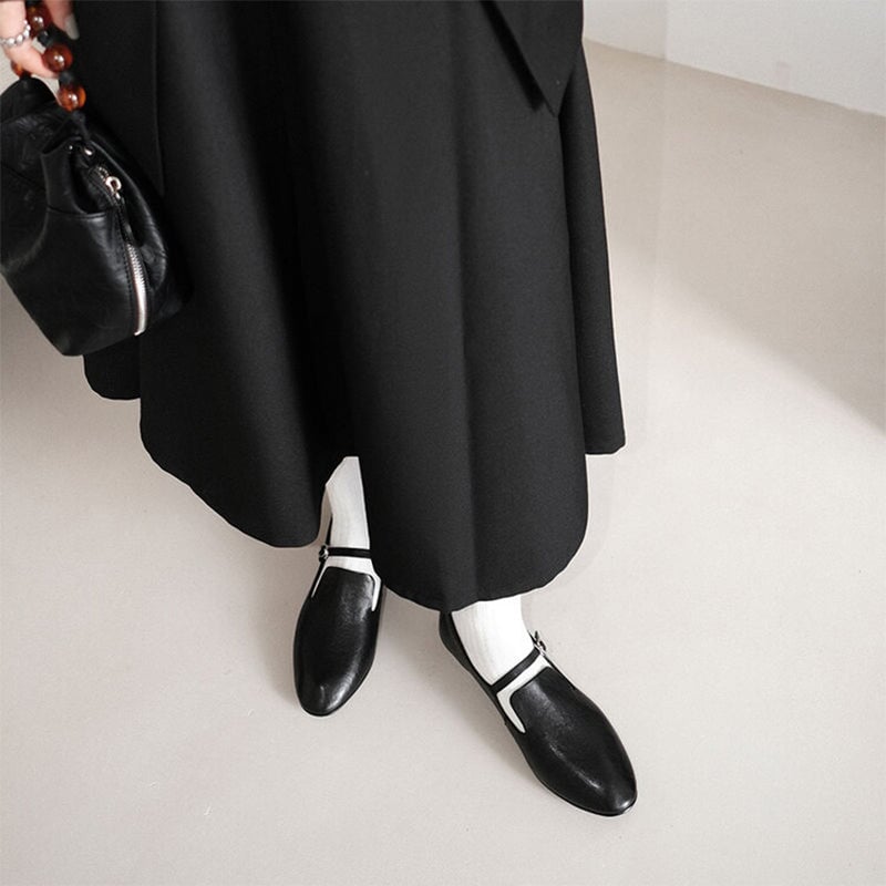 Retro Style Horse Leather Handmade Flat Shoes Mary Janes Low Heel in Black/Brown