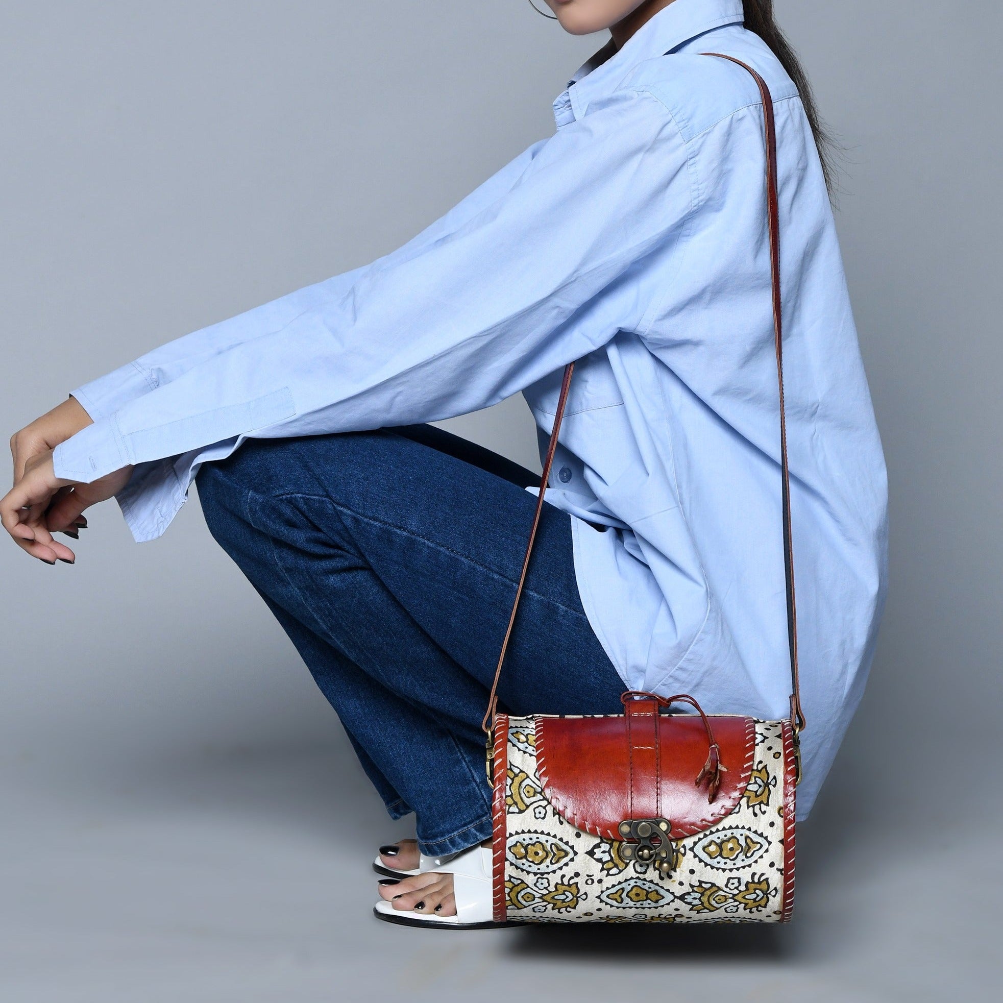 Cylindrical Block Printed Leather Bag