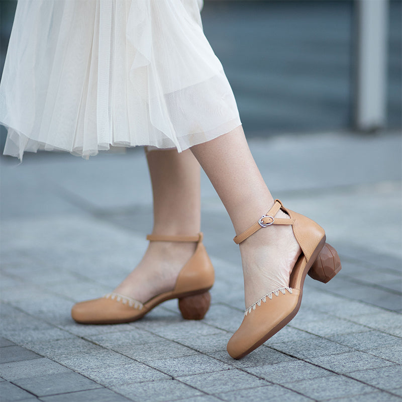 Handmade Woven Leather Sandals Closed Toe 58mm Cylinder Heel Shoes with Ankle Strap in Yellow Brown/Coffee