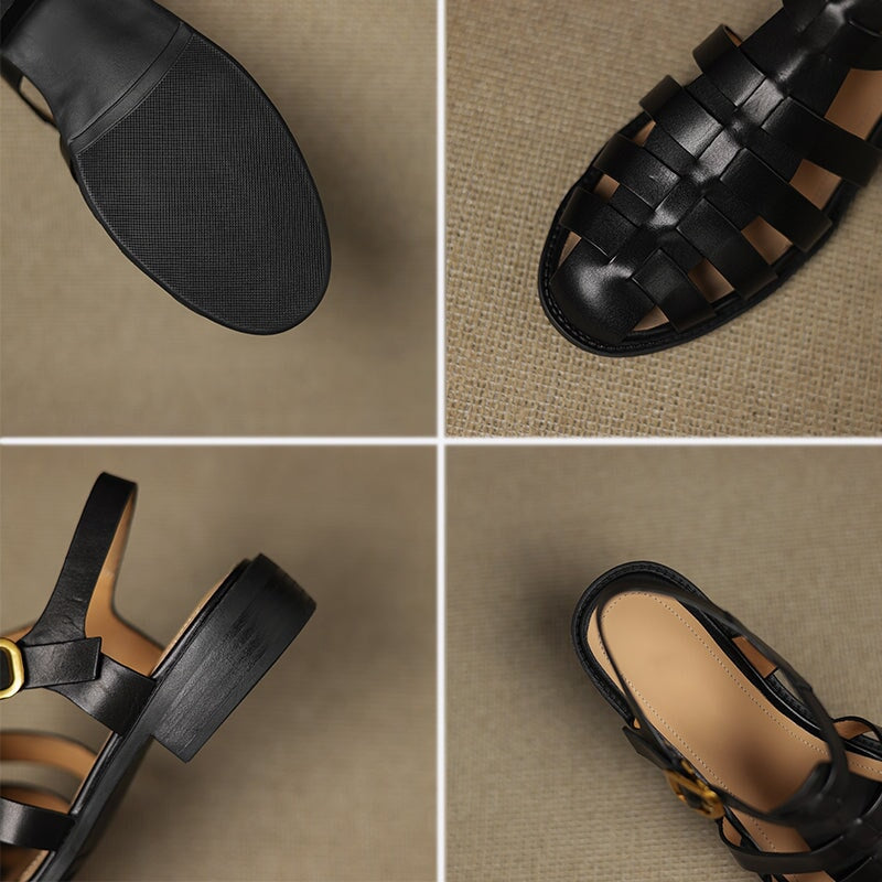 Roman Style Genuine Leather Gladiator Fisherman Sandals with Buckle in Black/Brown/Beige