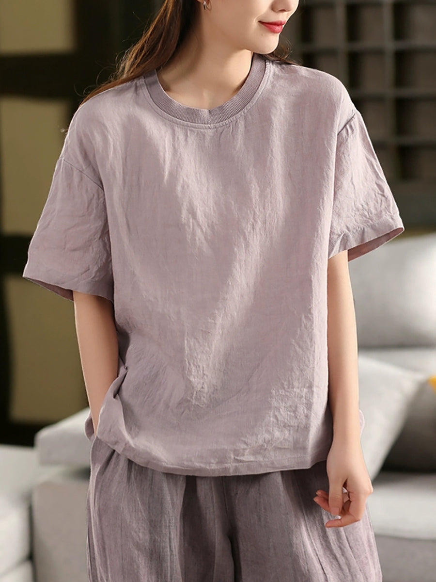 Women Casual Summer O-Neck Pure Color 100%Linen Shirt