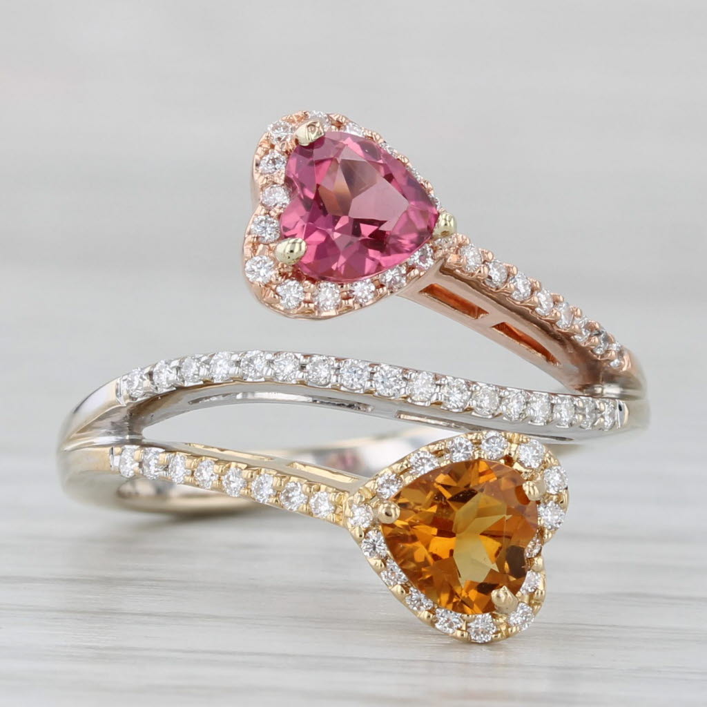 1.35ctw Citrine Tourmaline Diamond Hearts Bypass ing 18k Yellow Rose White Gold