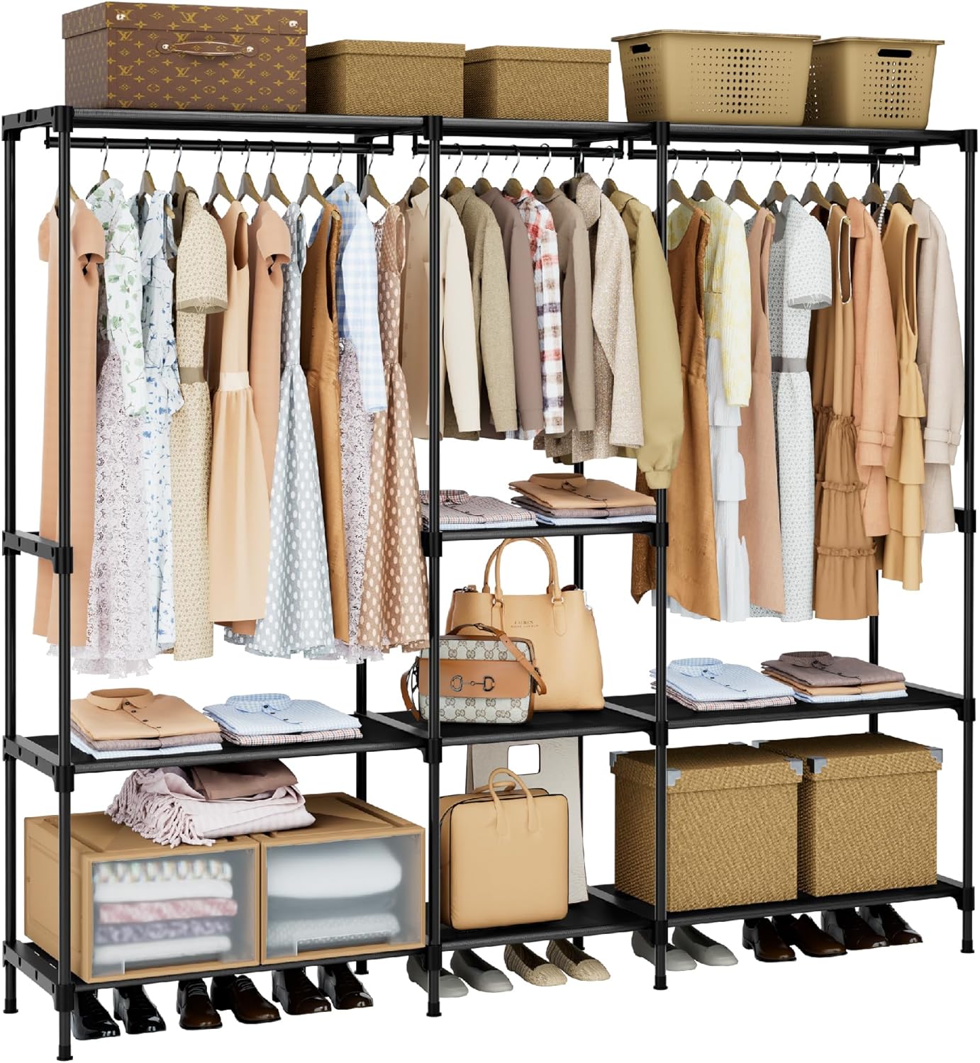 Clothes Rack, Portable Closet, 54.3 Inch Large Capacity Wardrobe Closet, Clothes Storage Organizer with Shelves and 3 Hanging Rods, Easy to Assembly, Black PCT022B01