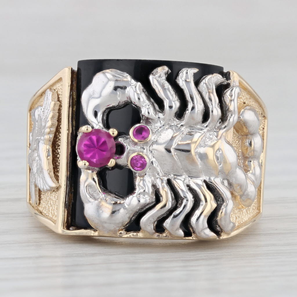 0.25ctw Lab Created Ruby Onyx Scorpion Ring 14k Yellow White Gold Size 10.25