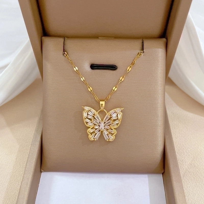 Minimalist Butterfly Titanium Steel Copper Plating Inlay Zircon Pendant Necklace