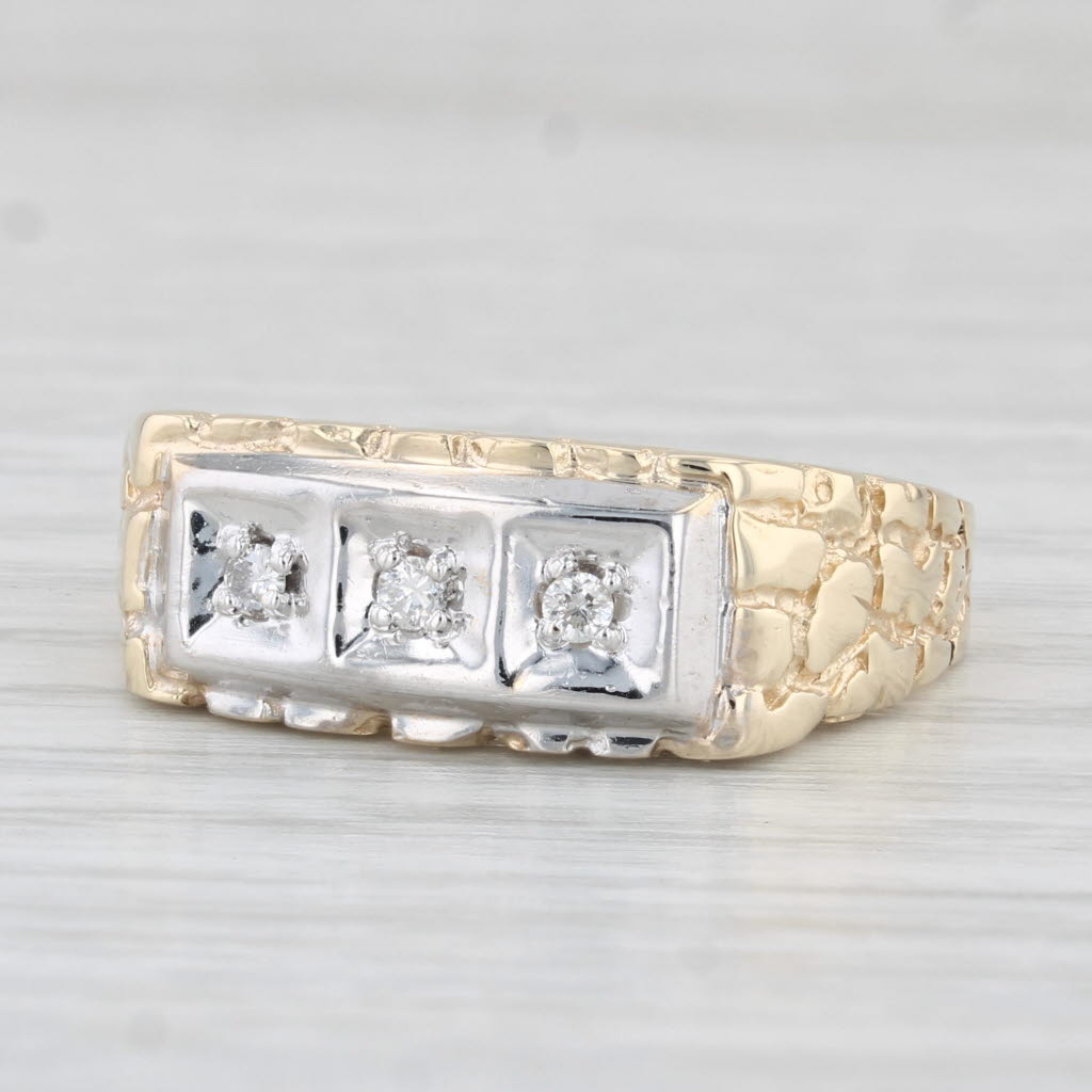 Vintage Diamond 3-Stone Men's Ring Wedding 10k Gold Nugget Band Size 10.75