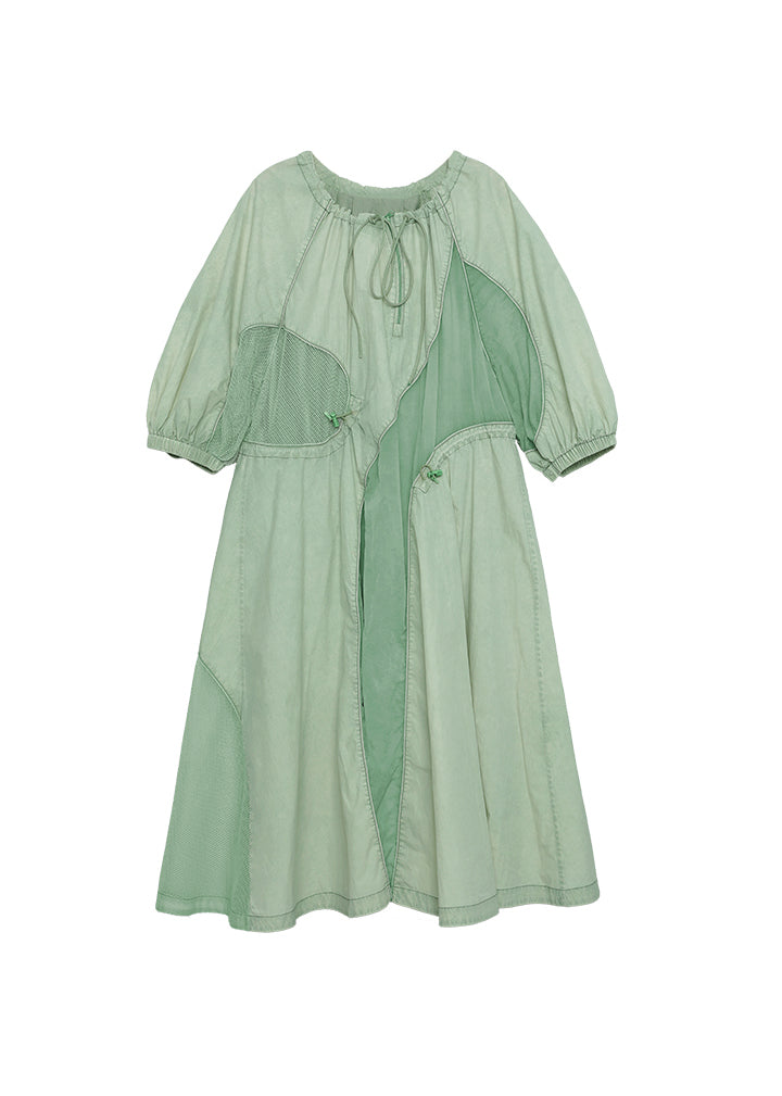 Modern Green Drawstring Wrinkled Patchwork Cotton Dresses Summer
