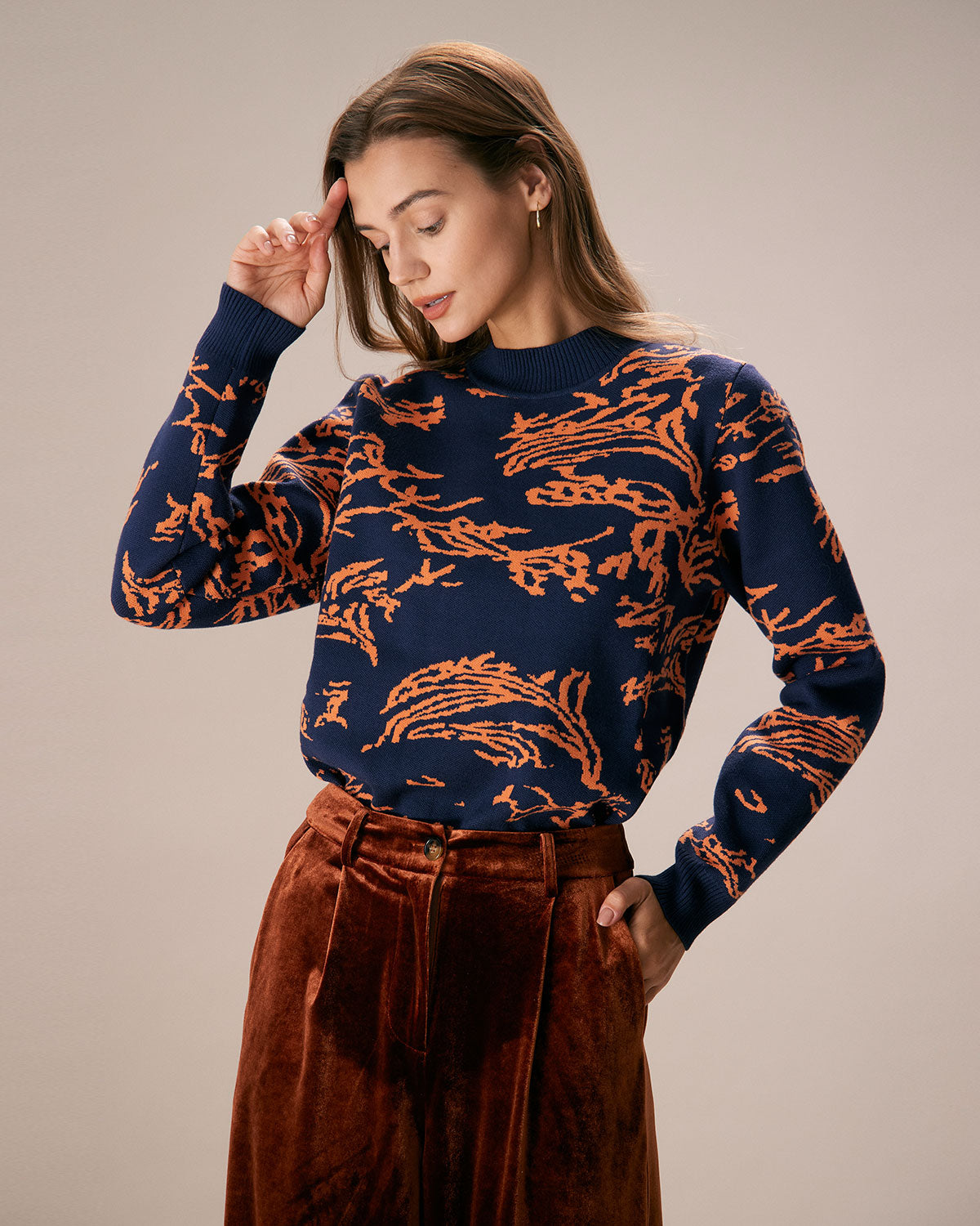 The Navy Mock Neck Abstract Print Sweater