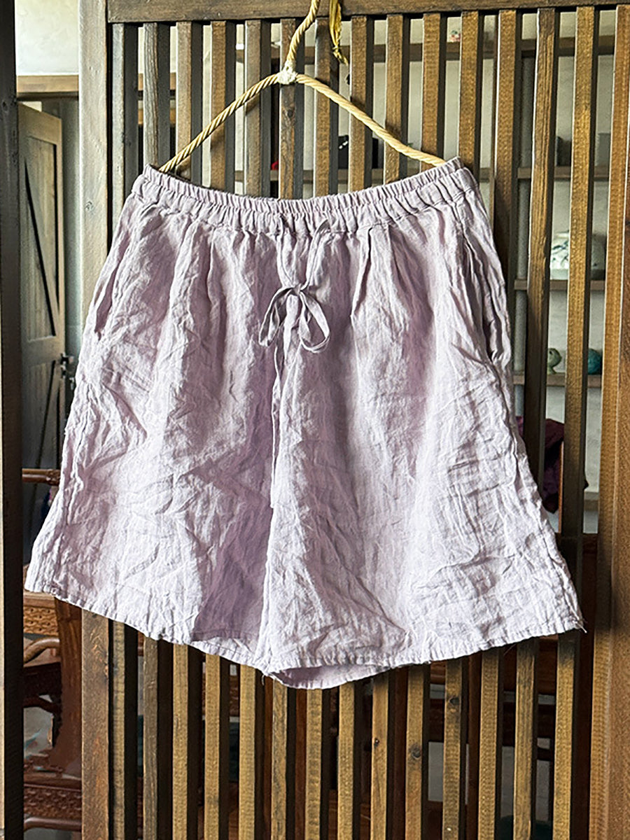 Women Summer Vintage Pure Color Linen Fifth Pants