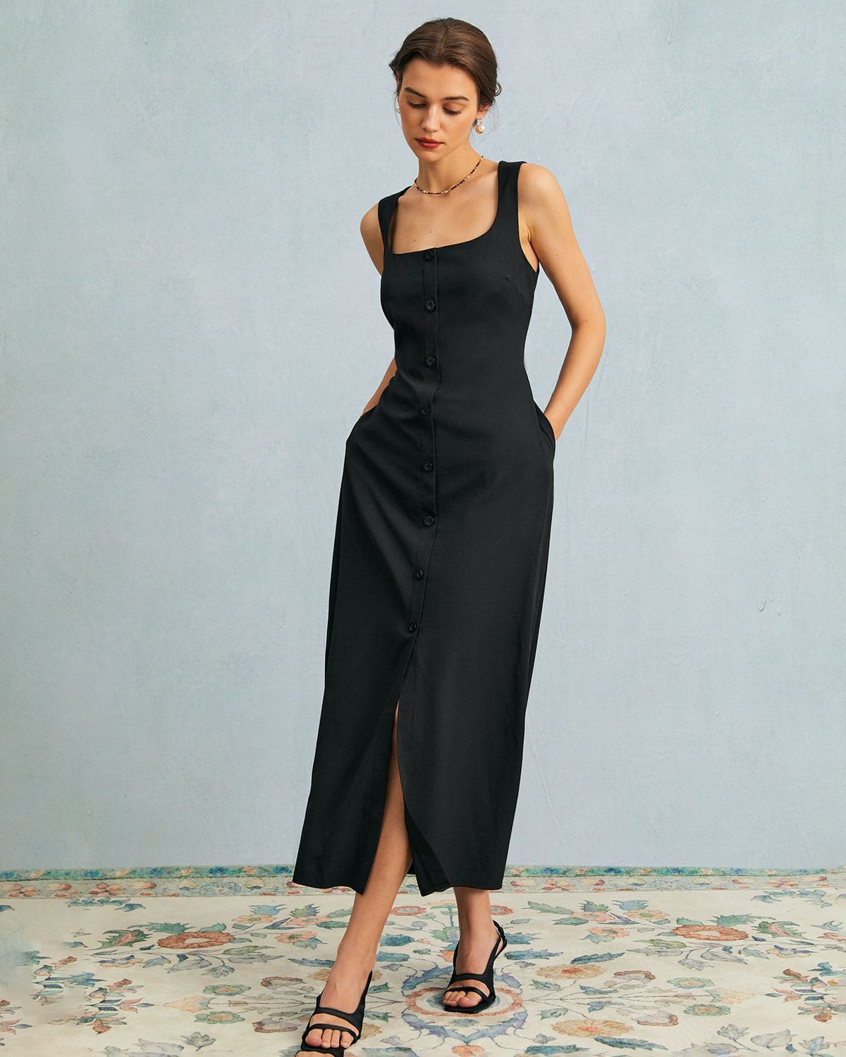 The Black U Neck Tie Back Sleeveless Maxi Dress