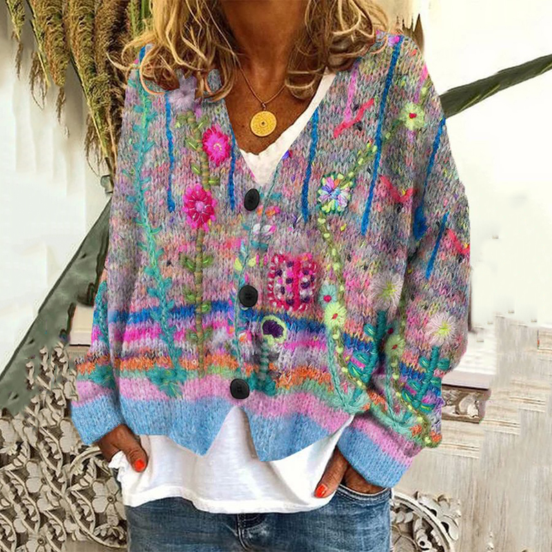 Vintage Floral Print V-Neck Long Sleeved Knitted Cardigan