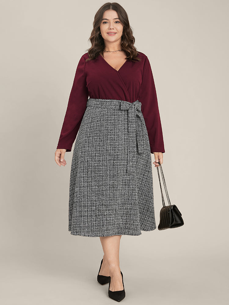 Plaid Patchwork Surplice Neck Belted Tweed Dress