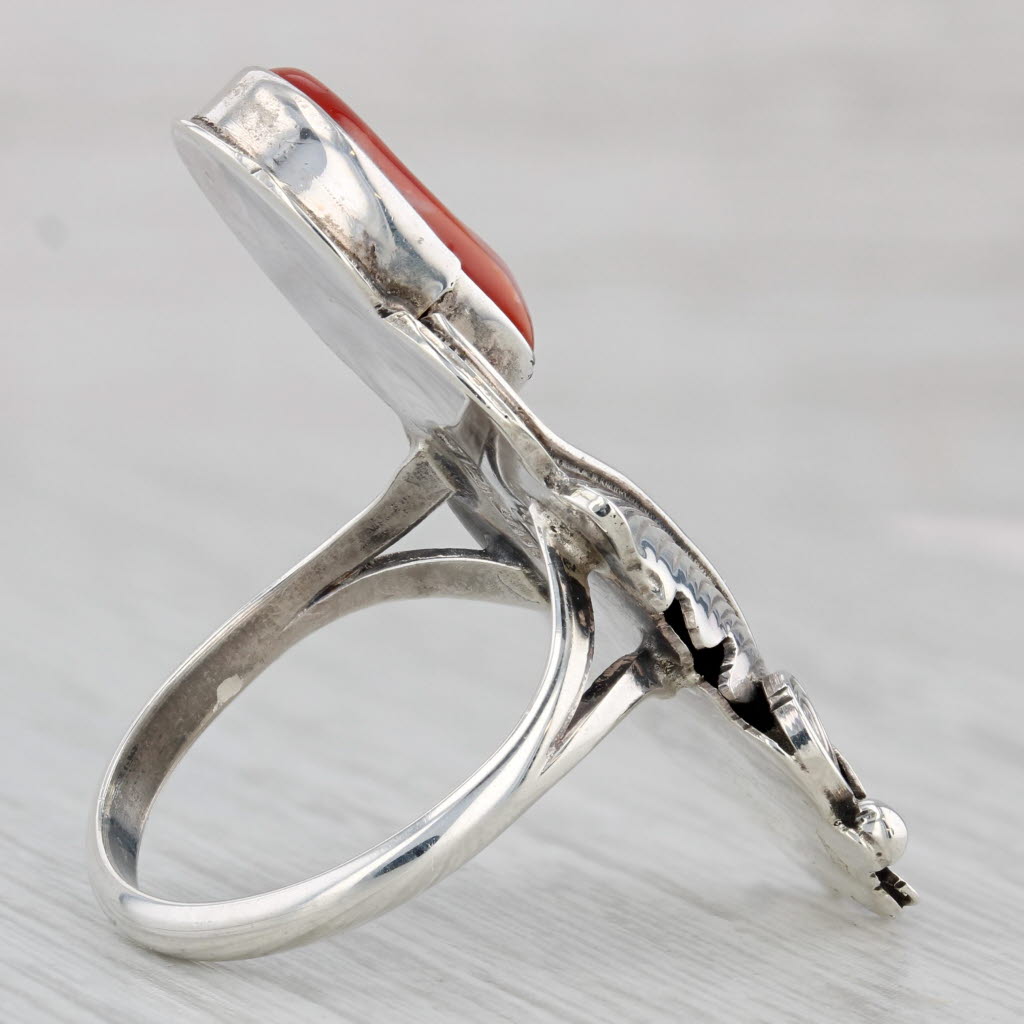 Vintage Yazzie Navajo Native American Coral Feather Ring Sterling Silver