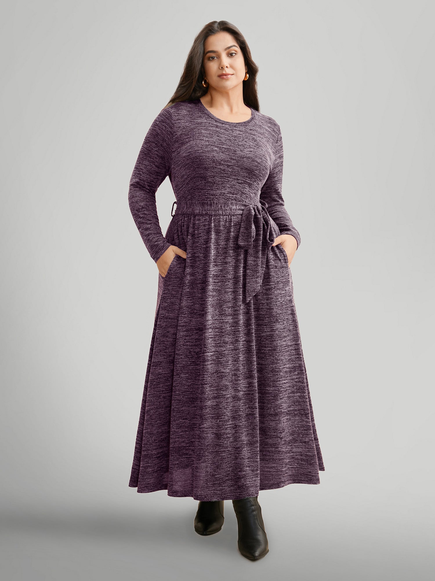 Round Neck Heather Belted Dress