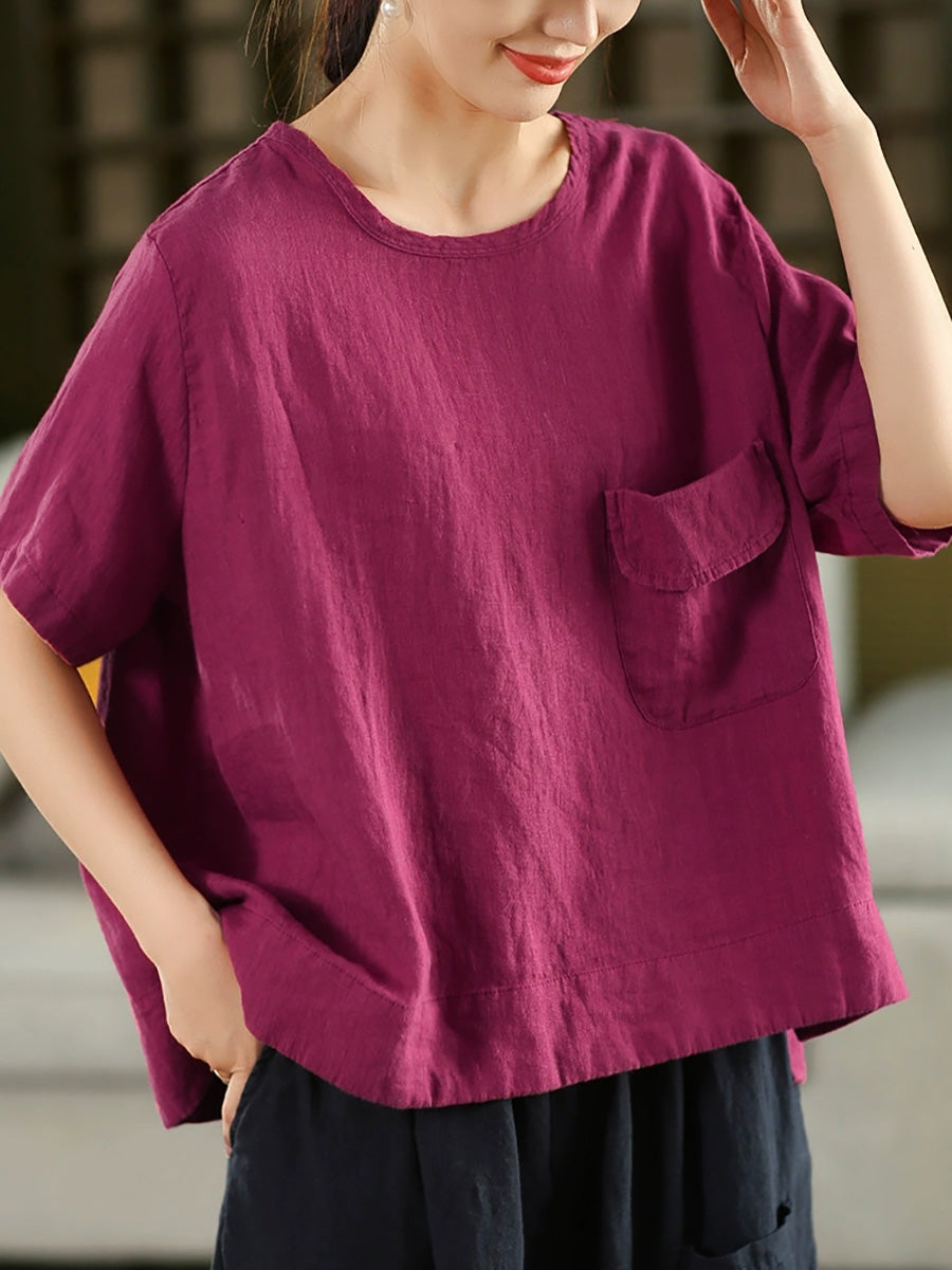 Women Summer Artsy Pure Color 100%Linen O-Neck Shirt