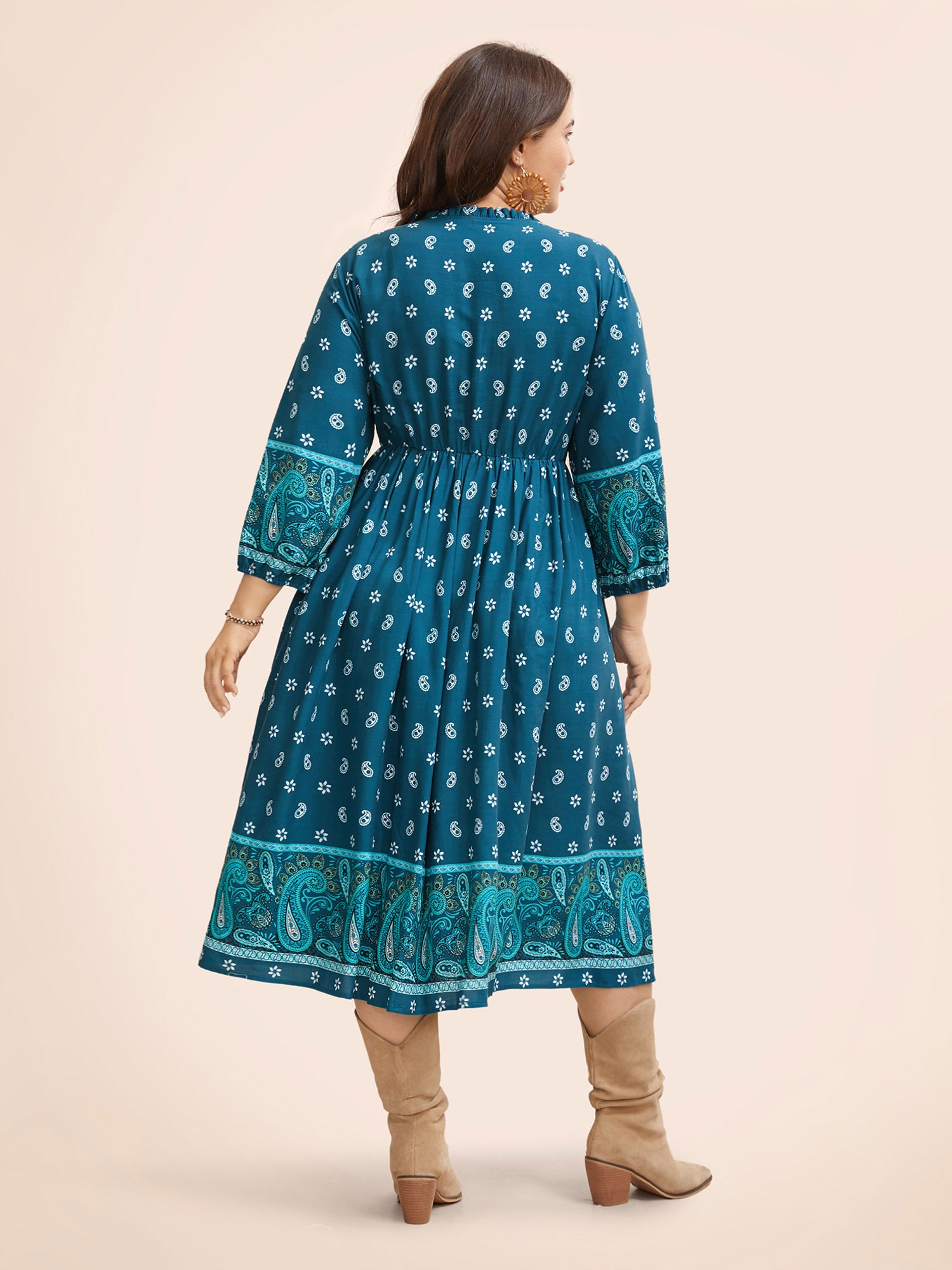 Paisley Print Tie Knot Lantern Sleeve Dress