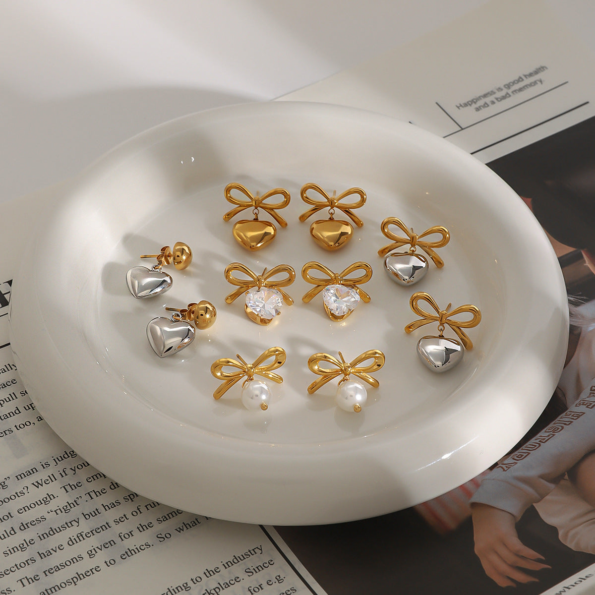 Jie Ding Stainless Steel Valentine'S Day Bow Earrings Zircon Heart Earrings Titanium Steel Earrings