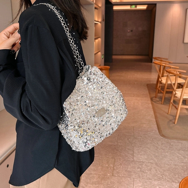 Women's Medium Sequin Solid Color Streetwear Bucket String Bucket Bag