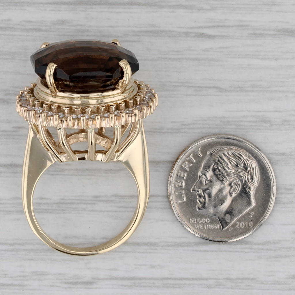 18.4ctw Smoky Quartz Diamond Halo Ring 14k Yellow Gold Size 7 Cocktail
