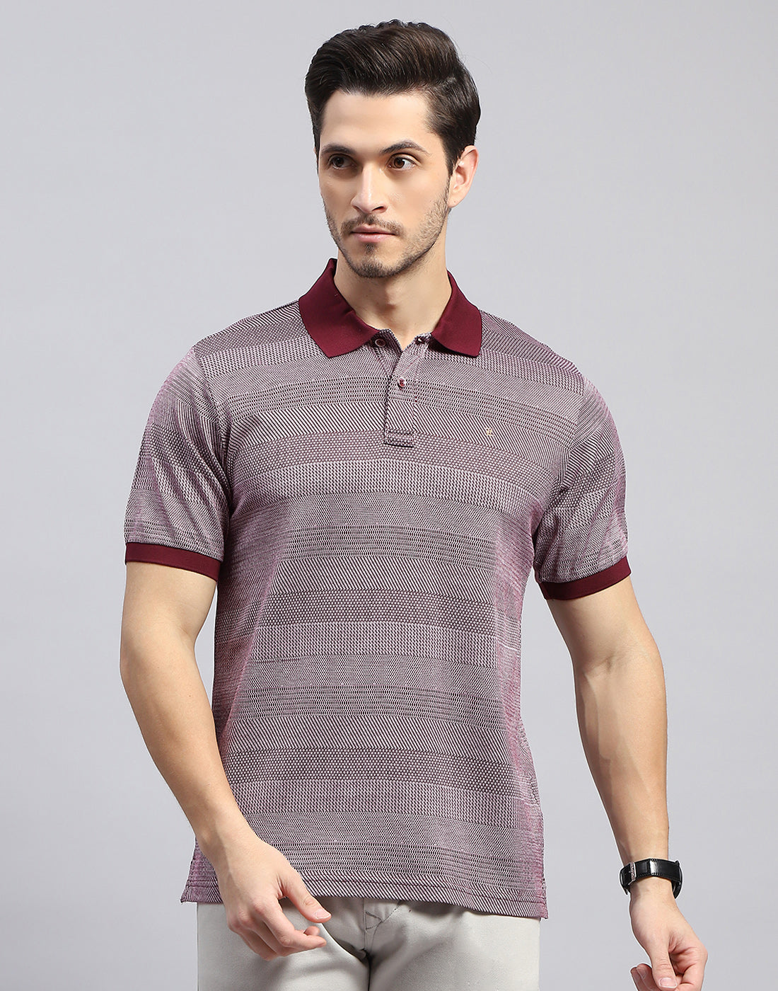 Men Maroon Self Design Polo Collar Half Sleeve T-Shirt