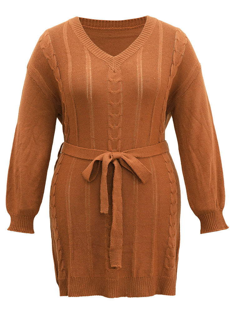 Cable Knit Belted Lantern Sleeve Sweater Dress