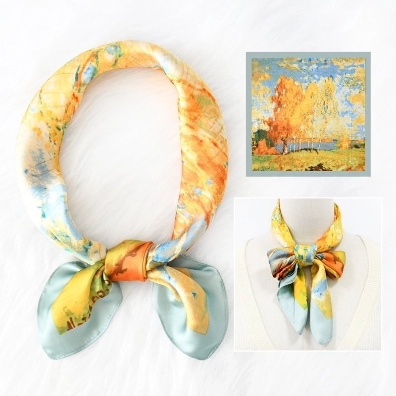 2 Pieces Women's Elegant Plaid Flower Horse Satin Silk Scarf