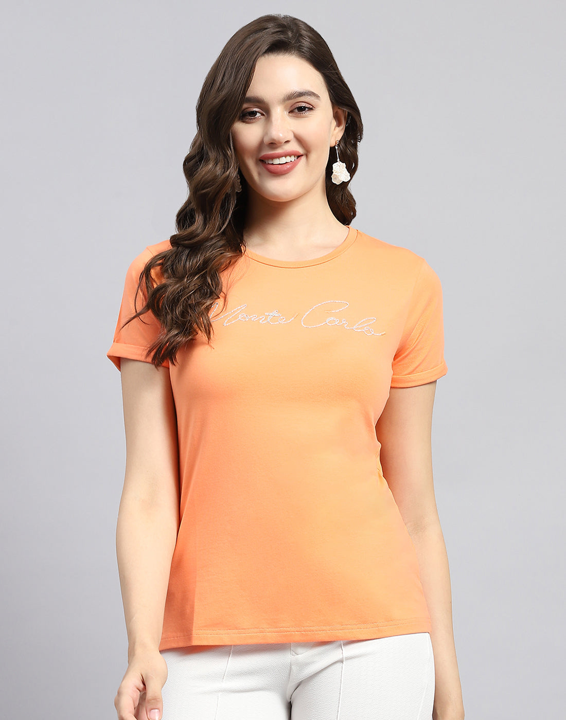 Women Orange Solid Round Neck Half Sleeve Top