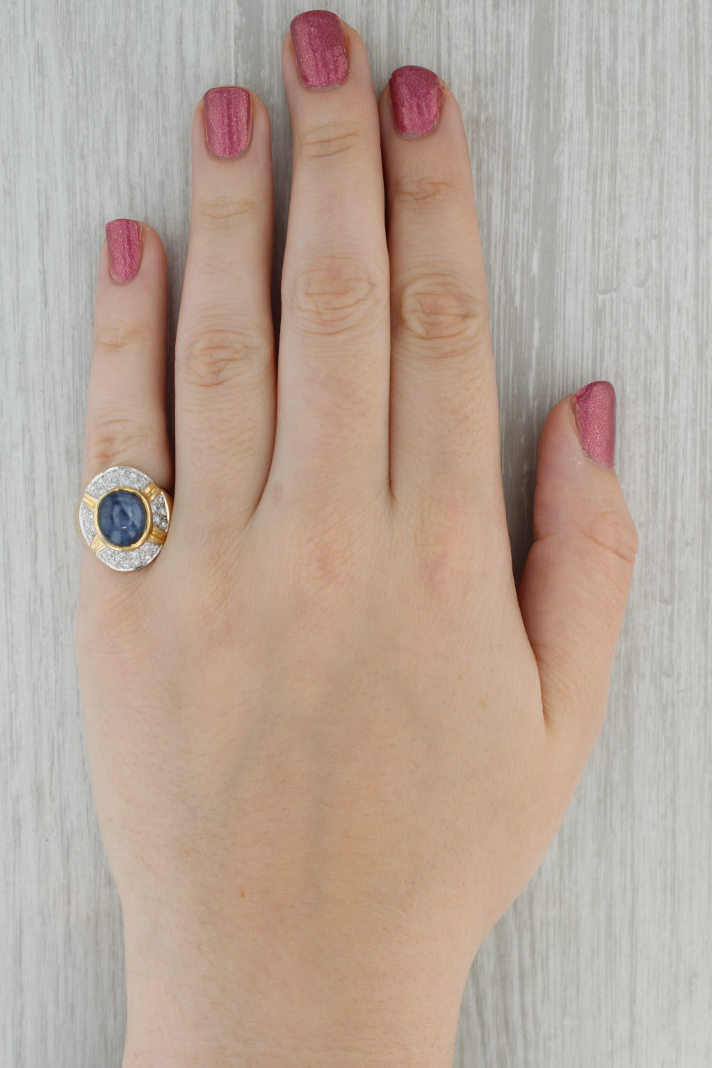 Oval Cabochon Blue Sapphire Diamond Halo Ring 18k Yellow Gold Size 6.75-7
