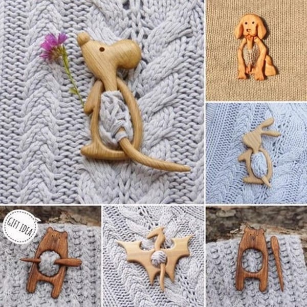 Brooch Pin With Wooden Animal Pattern