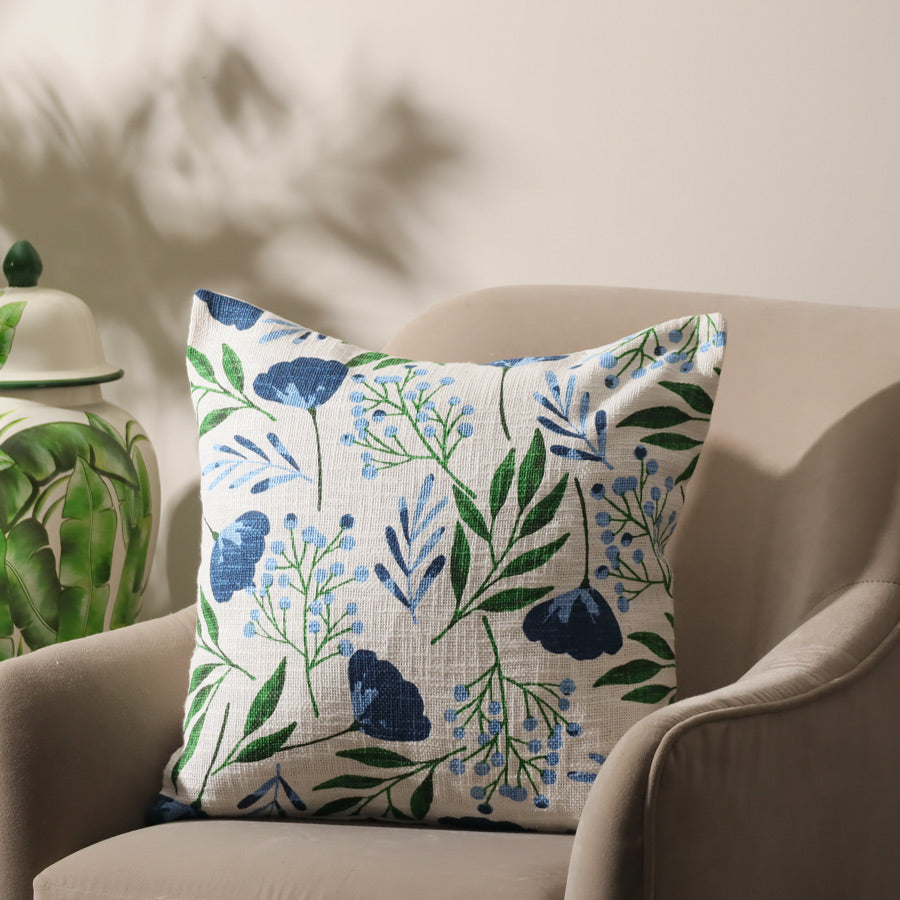 Crocus Printed Cotton Cushion Cover - Blue Green