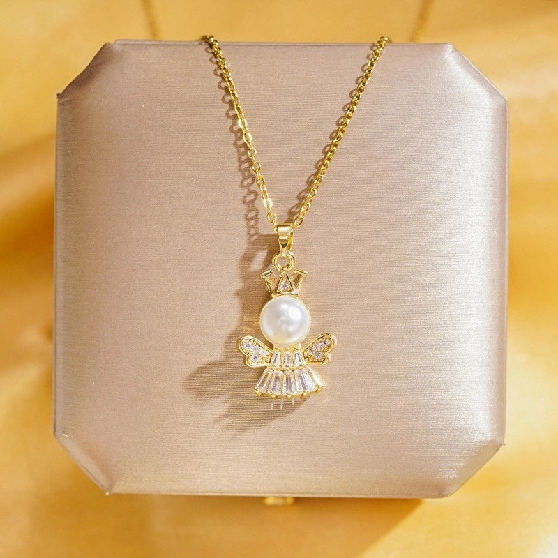 304 Stainless Steel Copper 18K Gold Plated K Gold Plated Cute Inlay Flower Butterfly Acrylic Shell Zircon Pendant Necklace