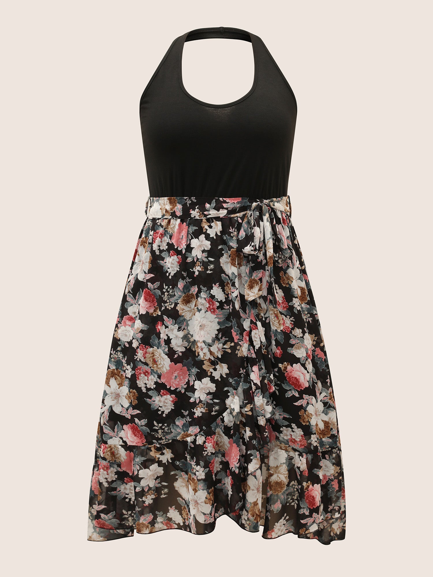 Halter Neck Patchwork Floral Belted Dress