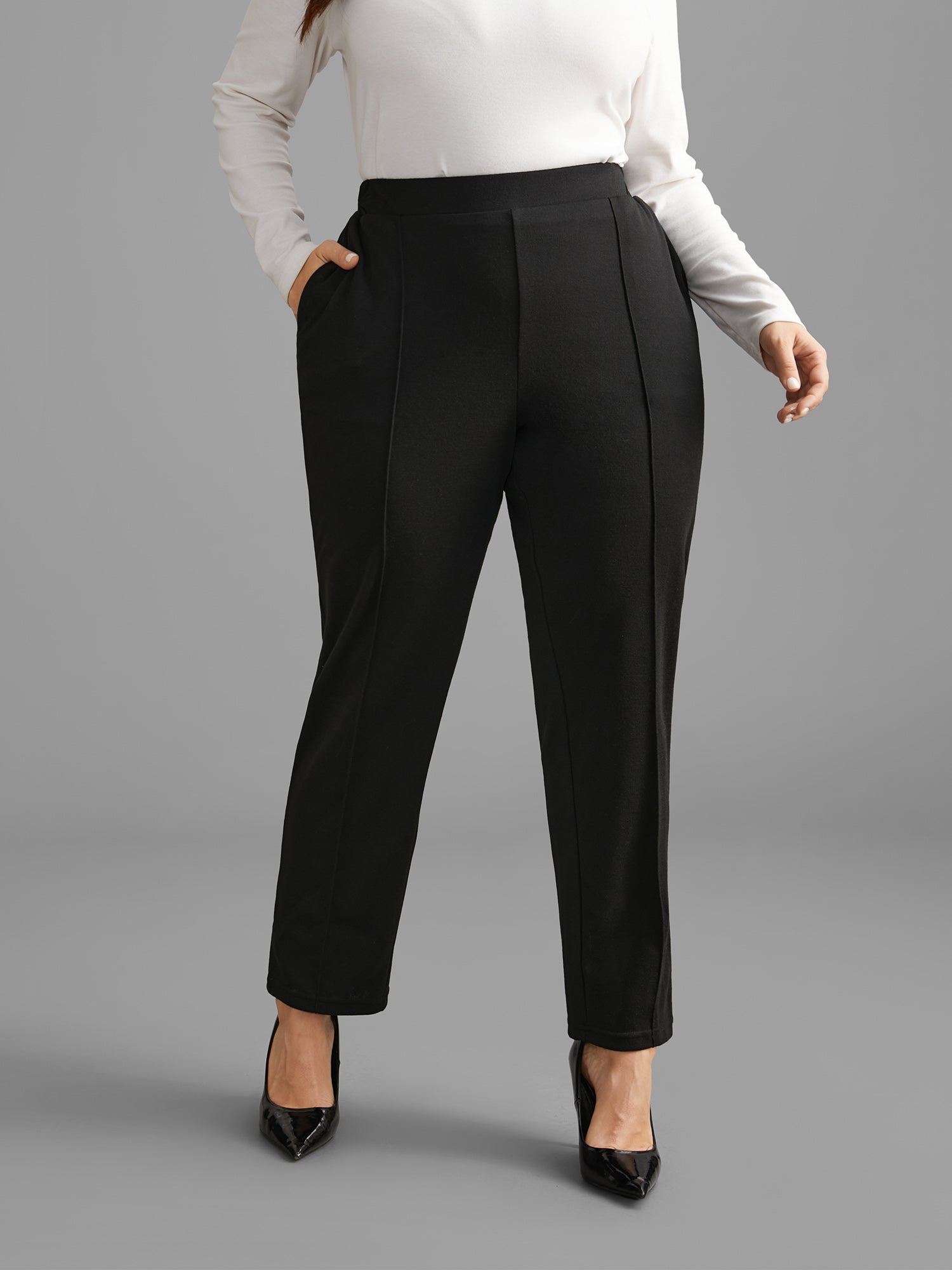 Solid Elastic Waist Pocket Leggings