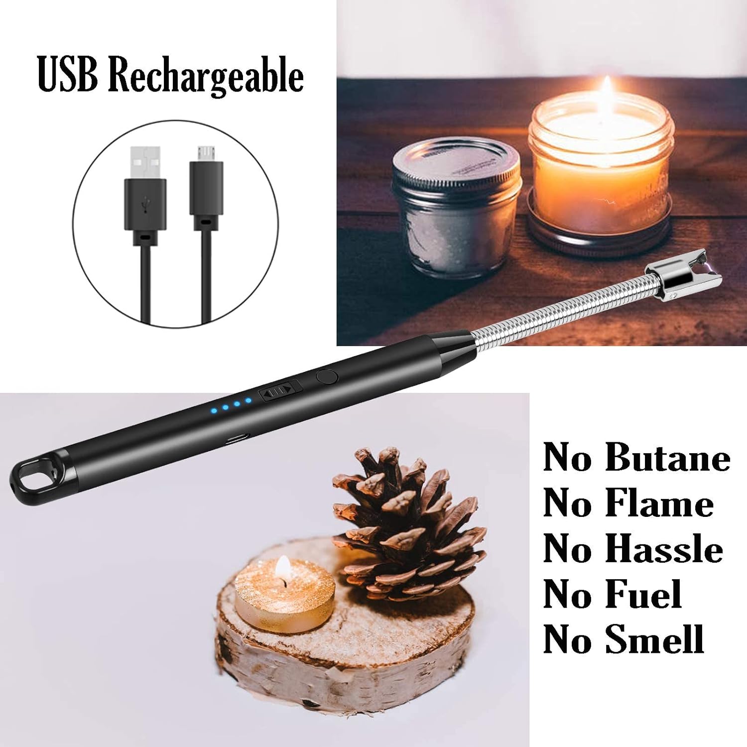 Candle Lighter - Flexible Plasma Arc Long Neck USB Lighter Rechargeable Windproof Flameless For Candles. Grill. Cooking. Camping. Hiking