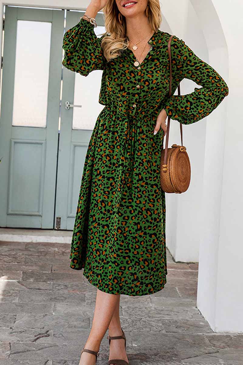 Florcoo Leopard Print V-neck Elegant Midi Dress