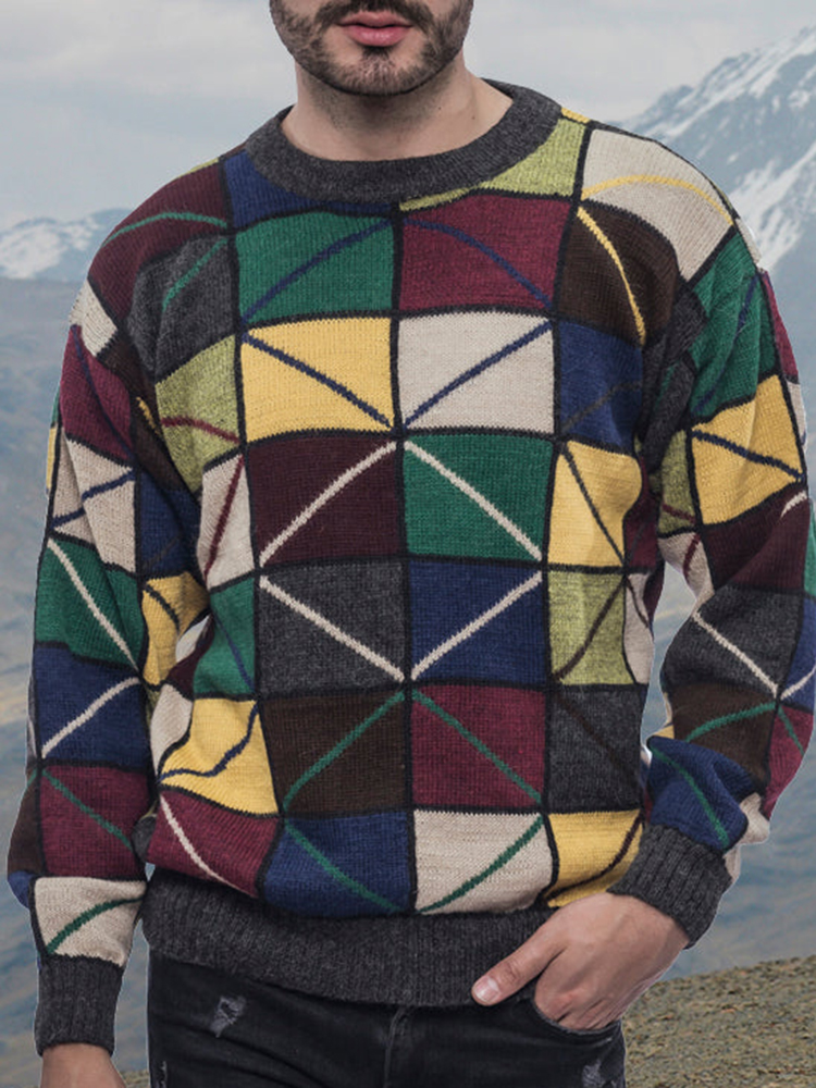 Retro Colorful Geometry Round Neck Knitted Sweater