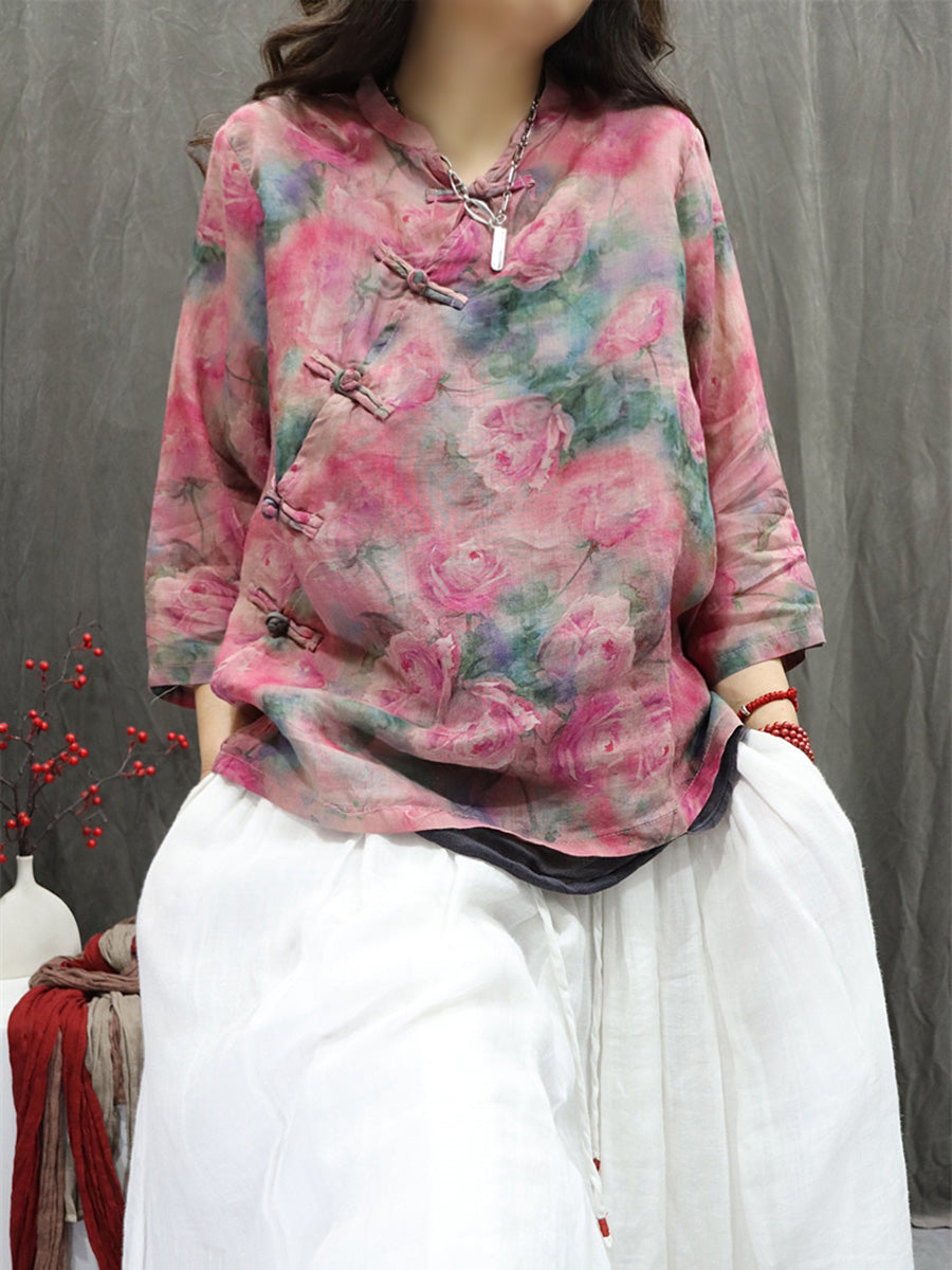 Women Summer Ethnic Stand Collar Flower 100%Ramie Shirt